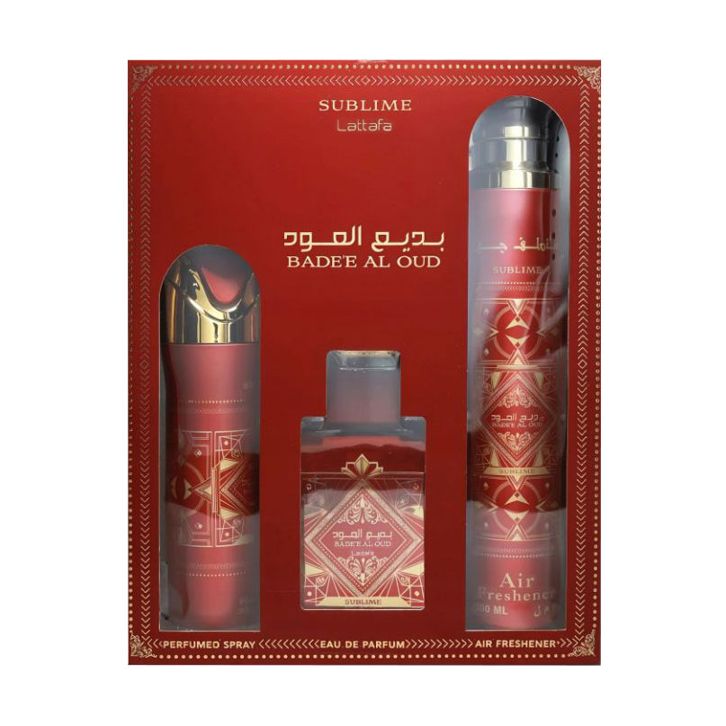 Парфумований набір унісекс Lattafa Perfumes Bade'e Al Oud Sublime Set (парфумована вода, 100 мл + дезодорант, 200 мл + освіжувач, 300 мл)