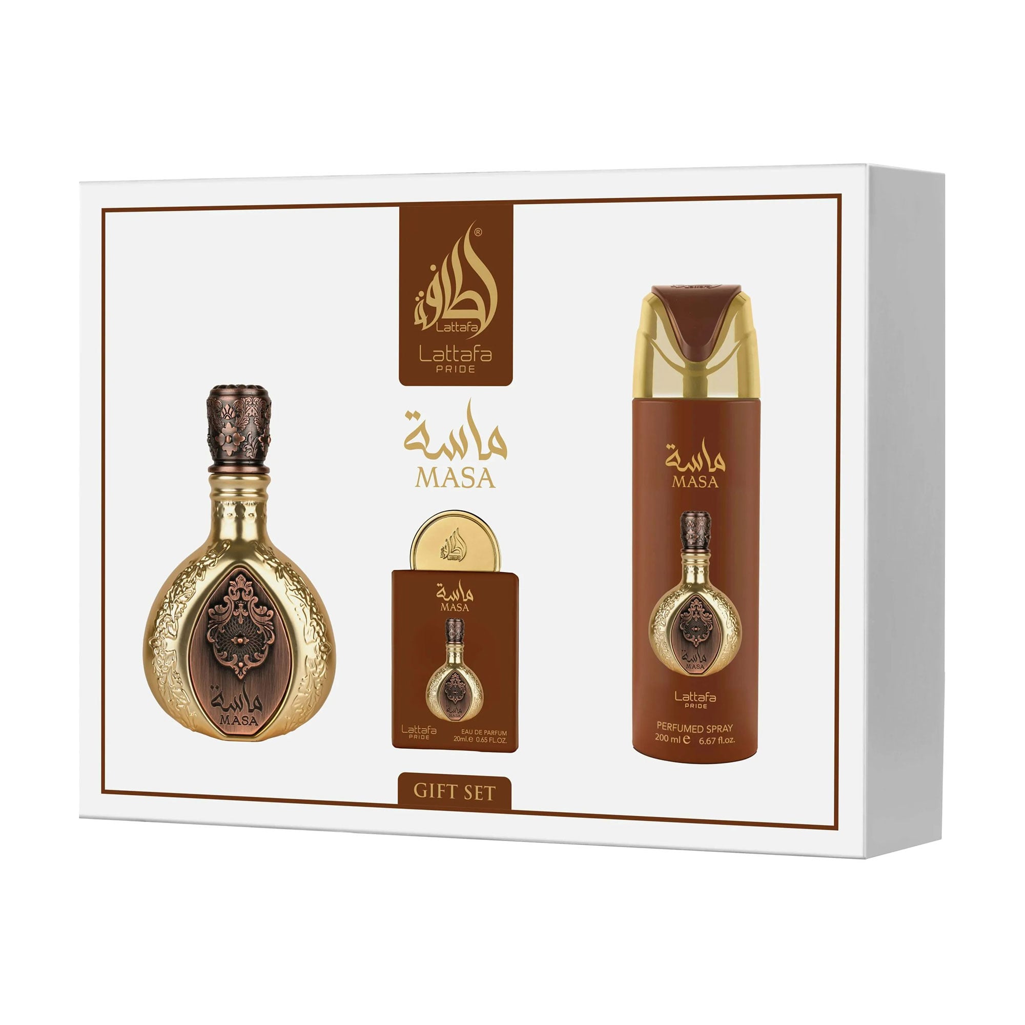 Парфумований набір унісекс Lattafa Perfumes Pride Masa (парфумована вода, 100 мл + парфумована вода, 20 мл + дезодорант, 200 мл)
